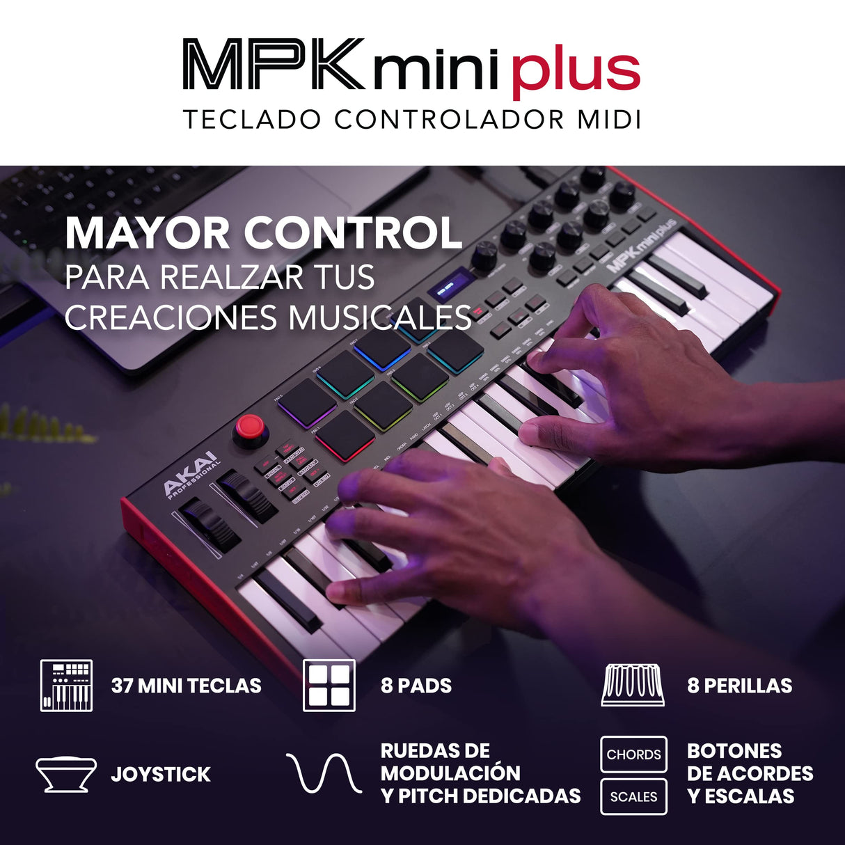 Akai Professional MPK Mini Plus - Teclado Controlador MIDI USB de 37 Mini Teclas con 8 Pads MPC, Secuenciador, MIDI/CV/Gate I/O, Software de Producción y Native Instruments Sound Package