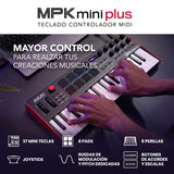 Akai Professional MPK Mini Plus - Teclado Controlador MIDI USB de 37 Mini Teclas con 8 Pads MPC, Secuenciador, MIDI/CV/Gate I/O, Software de Producción y Native Instruments Sound Package