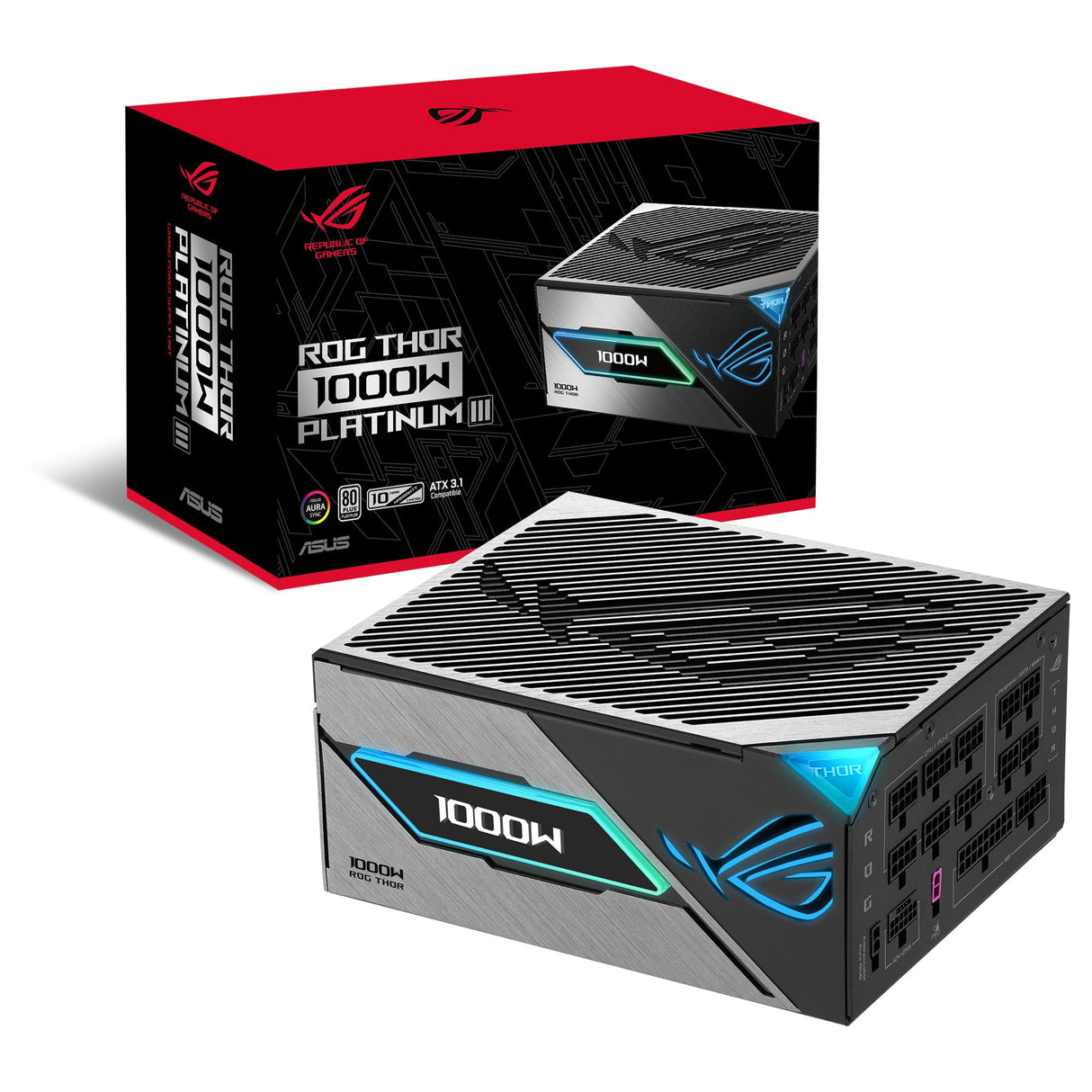 ASUS ROG Thor 1000W Platinum III Fuente de alimentación, 80 Plus Platinum, ATX 3.1, MOSFET GAN, Estabilizador de Voltaje Inteligente, Pantalla OLED magnética, Modo Turbo, 10 años de protección
