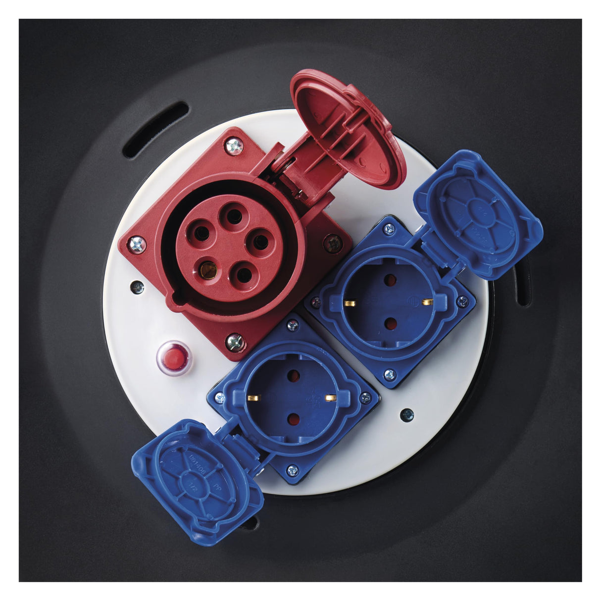 EMOS - Tambor de Cable CEE 33m - 3 Tomas (1 CEE, 2 Schuko) - Resistente al Agua - 230 V/400 V, 15 A, 2500 W/6400 W - Aislamiento de Goma - H07RN-F 2,5 mm2 - IP44 para Exteriores y Camping