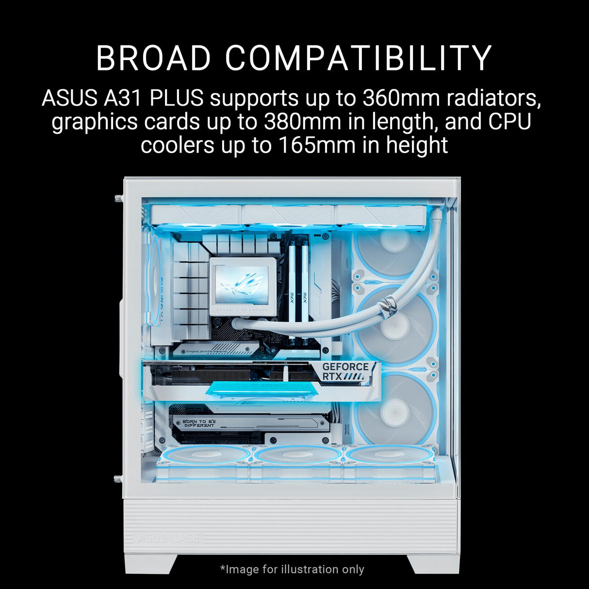 ASUS A31 Plus TG ARGB - Chasis PC ATX (Compatible con Placas Base con Conector Oculto, radiadores de 360 mm y gráficas de 380 mm, 4 Ventiladores ARGB, Cristal Templado, gestión de Cables), Blanco
