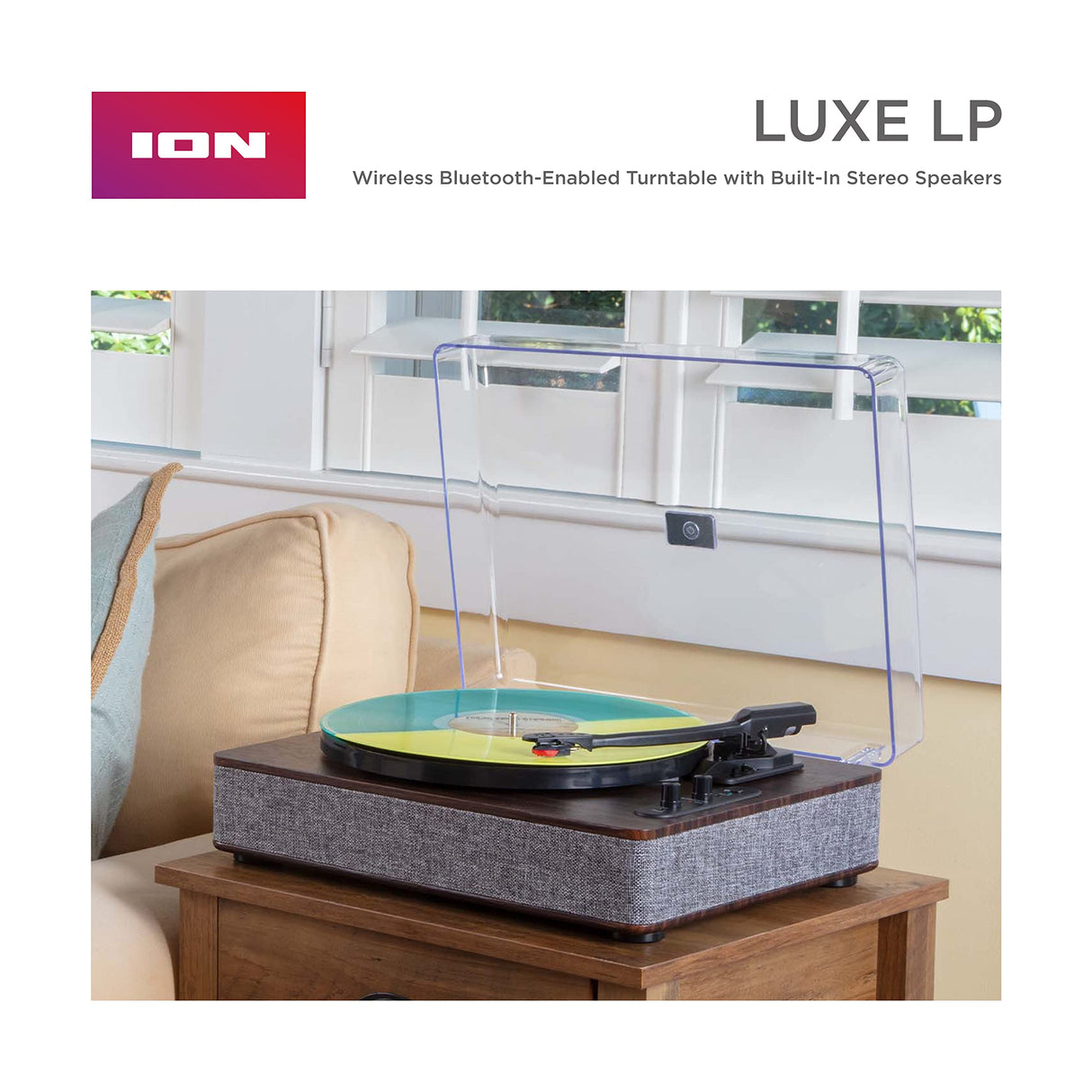 ION Audio Luxe LP - Tocadiscos de Vinilo Bluetooth con Altavoces, conversión USB, Plato de tamaño Completo, Auto-Stop, Salida de Auriculares, 3 velocidades, Madera Tintada