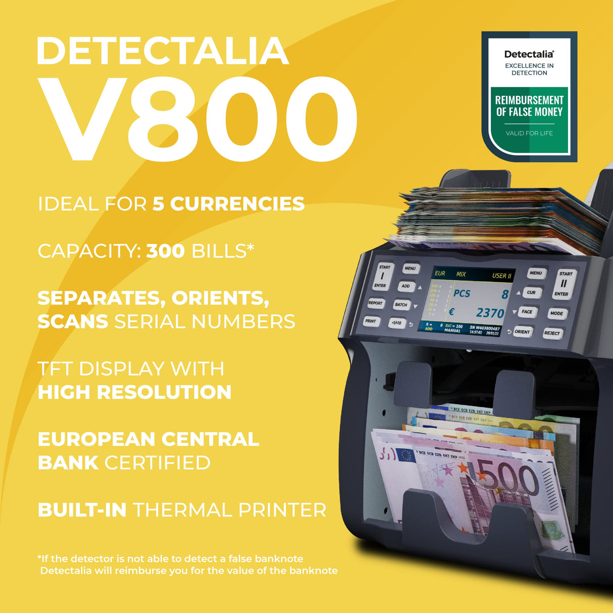 Detectalia V800 - Contadora de valor de billetes y clasificadora EUR, GBP, USD, CHF, MAD. Impresora térmica integrada, encara, orienta, reconoce números de serie - 28 x 28 x 29 cm