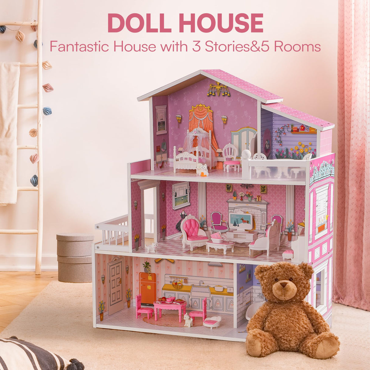 ROBUD Juego de casa de muñecas de Madera, 3 Cuentos, 5 Habitaciones, 24 Uds. Muebles, Pretender Jugar Juguete Regalo para niños niños niñas