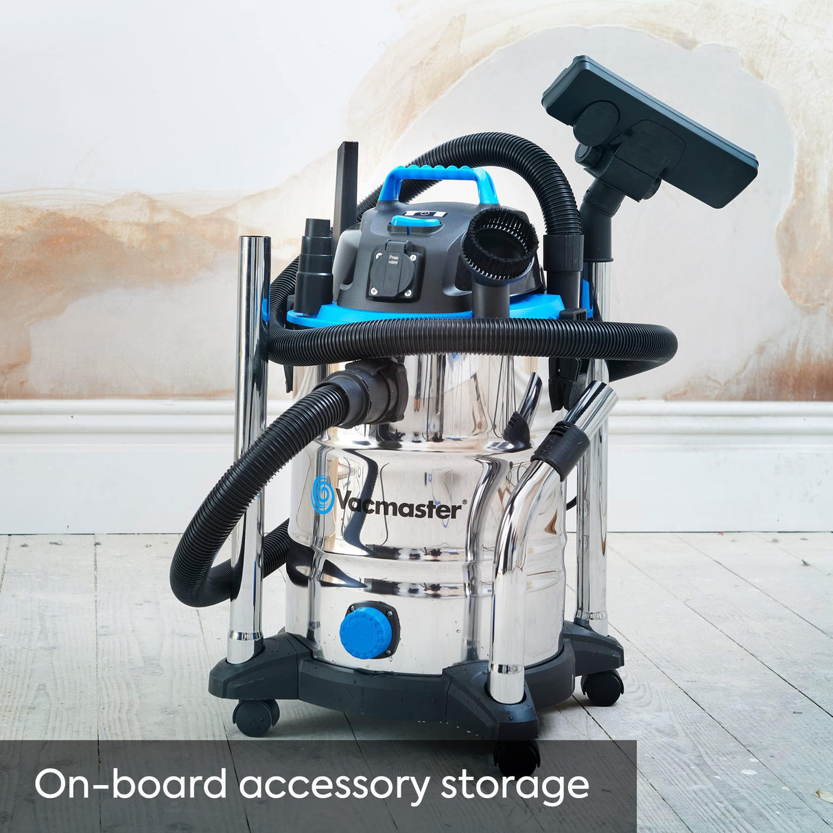 Vacmaster VQ1530SFDC 1500W 30L Aspirador en seco y húmedo, Industrial de Acero Inoxidable, Función De Soplador, Toma De Corriente con Herramientas Eléctricas