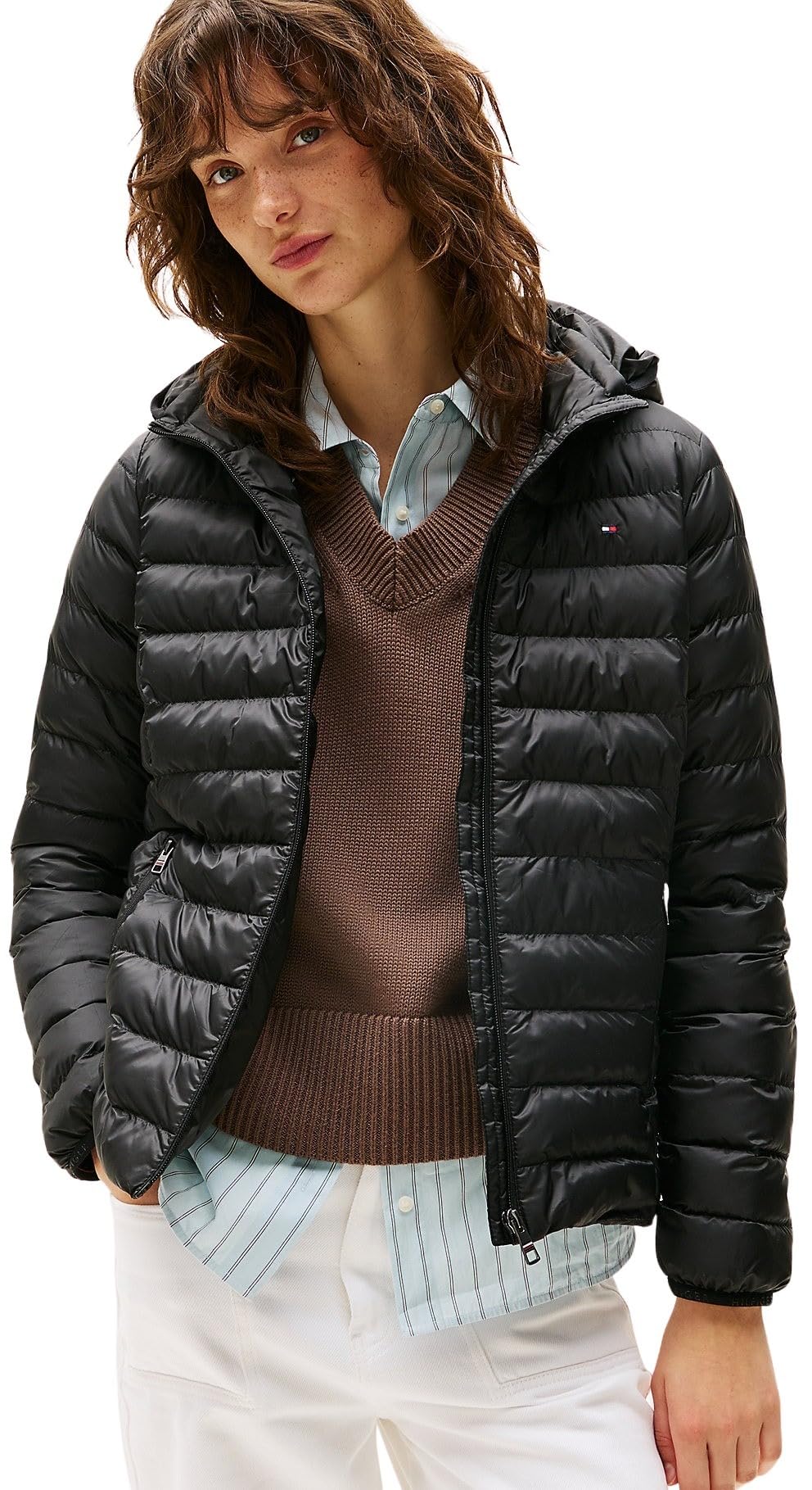 Tommy Hilfiger Cazadora de plumas Mujer Padded Global Stripe Jacket con capucha, Negro (Black), XXL