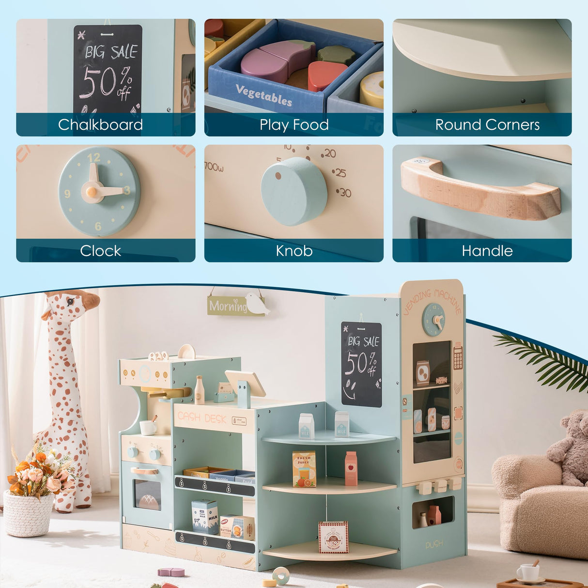 ROBUD Tienda de Compras para niños, Tienda de Compras de Madera, Juguete de Tienda de comestibles con máquina de café, Caja registradora, máquina expendedora, Juguete de rol Grande, 3+