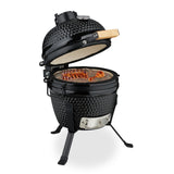 Relaxdays Barbacoa de Carbón Kamado, 26 cm Ø, Parrilla Cerámica con Termómetro hasta 450°C, BBQ, Asar y Cocinar, Negro, Acero Inoxidable, Hierro