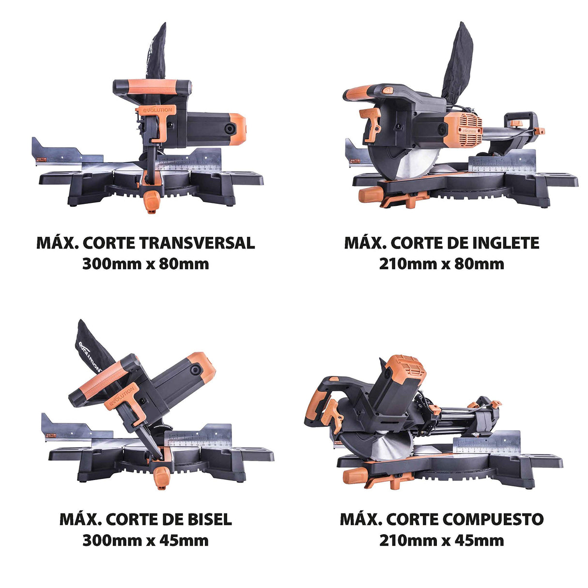 Evolution Power Tools R255SMS Sierra ingletadora Deslizante multimaterial, con Paquete Plus, Corta acero dulce, aluminio, plástico, madera con clavos incrustados 230 V, 255 mm