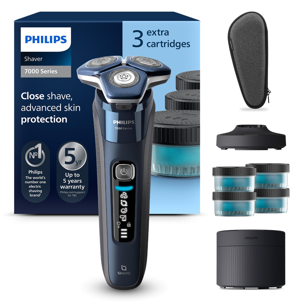 Philips Serie 7000 Afeitadora Eléctrica Hombre, Máquina de Afeitar Barba con Recortadora, 60min de uso, En Seco y Húmedo, Recargable, Centro de Limpieza, Base Carga, 4 Cartuchos, S7885/63, Azul