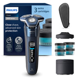 Philips Serie 7000 Afeitadora Eléctrica Hombre, Máquina de Afeitar Barba con Recortadora, 60min de uso, En Seco y Húmedo, Recargable, Centro de Limpieza, Base Carga, 4 Cartuchos, S7885/63, Azul