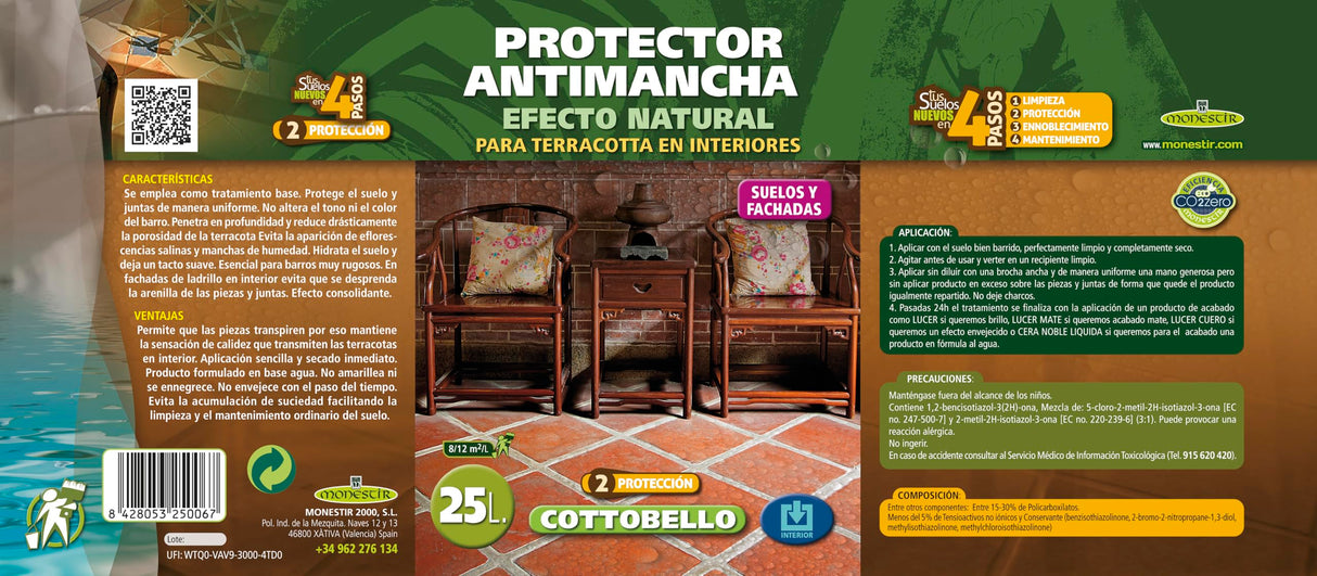 Monestir -COTTOBELLO Protector Antimancha Efecto Natural, Suelos Terracotta y Barro - 25 Litros