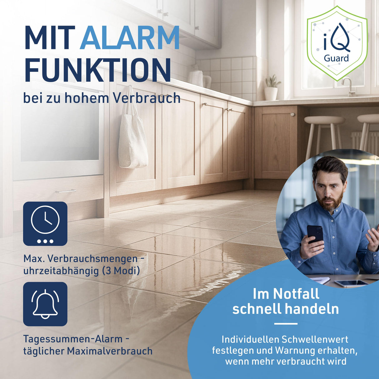 iQ water Guard – Detector de Agua Inteligente con función de Alarma de Agua 92dB & WiFi – Water Guard – Monitor de Agua para Smartphone – Contador de Consumo de Agua WiFi, monitoreo del Consumo de