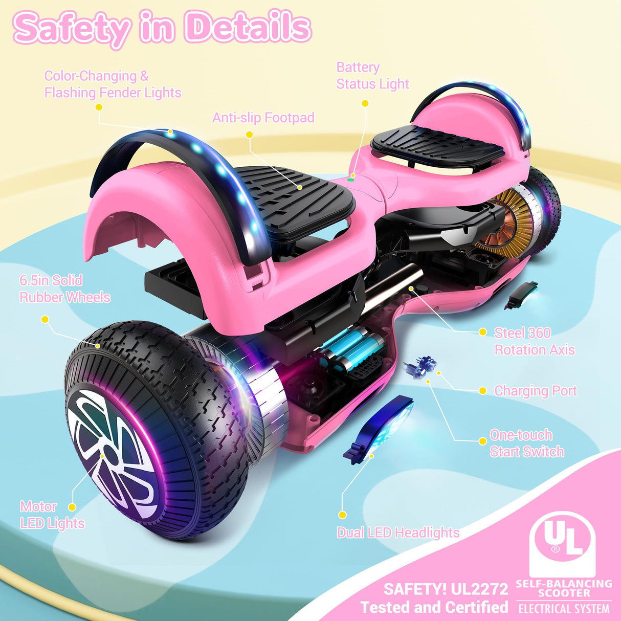 SISIGAD Hoverboard, Self Balancing Electric Gyropod 6.5 Inch Hoverboard Hover Scooter Board with Bluetooth Music, LED Lights for Kids
