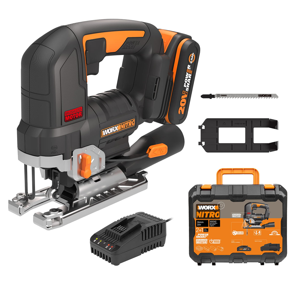 WORX Sierra de calar 20V | Power Share| WX542 Potente motor sin escobillas |1 batería de 2Ah, cargador y maletín | 3 posiciones, penduleo y tubo de aspiración