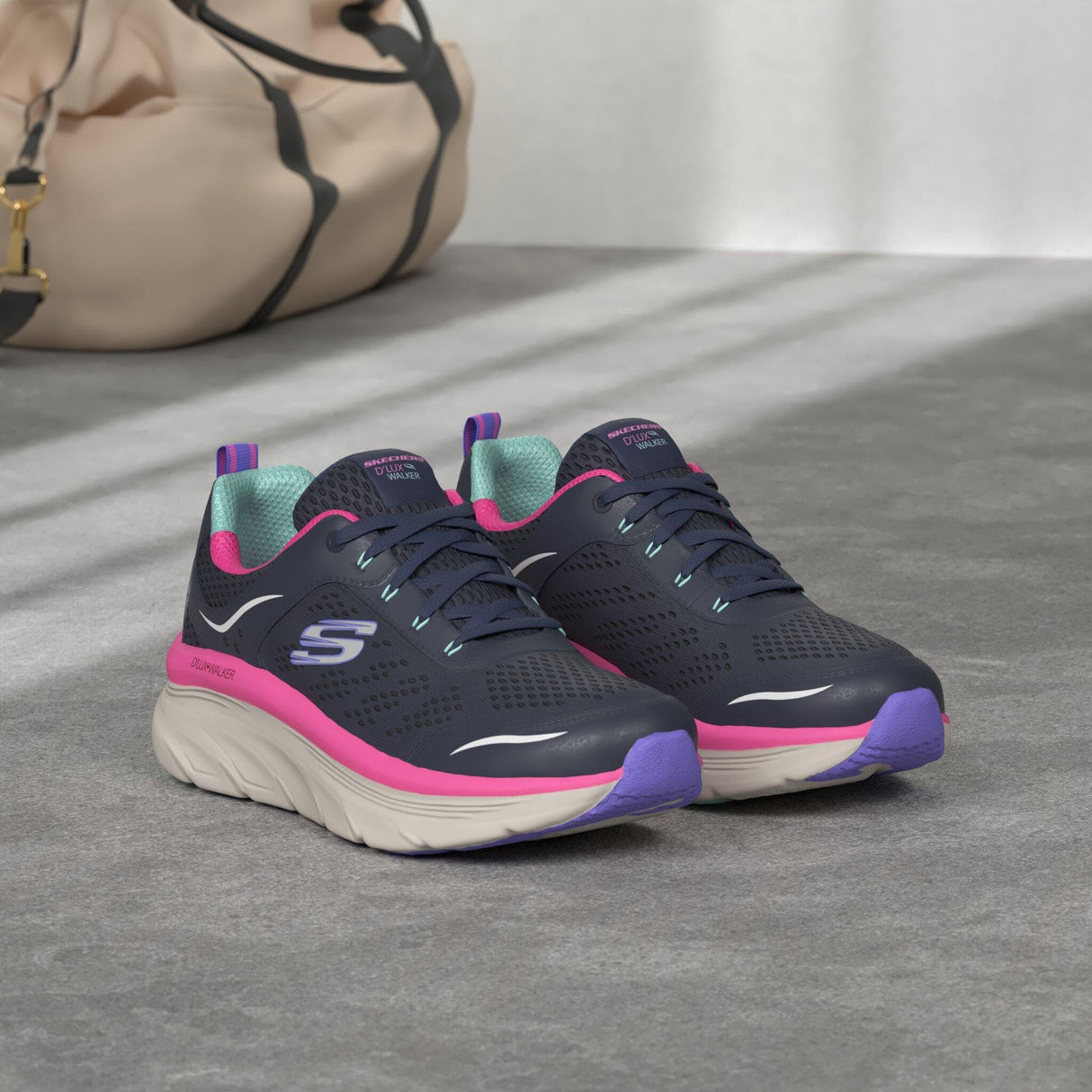 Skechers D'lux Walker Infinite Motion, Zapatillas Mujer, Navy Silver Leather Pink Mesh White Tri, 40 EU