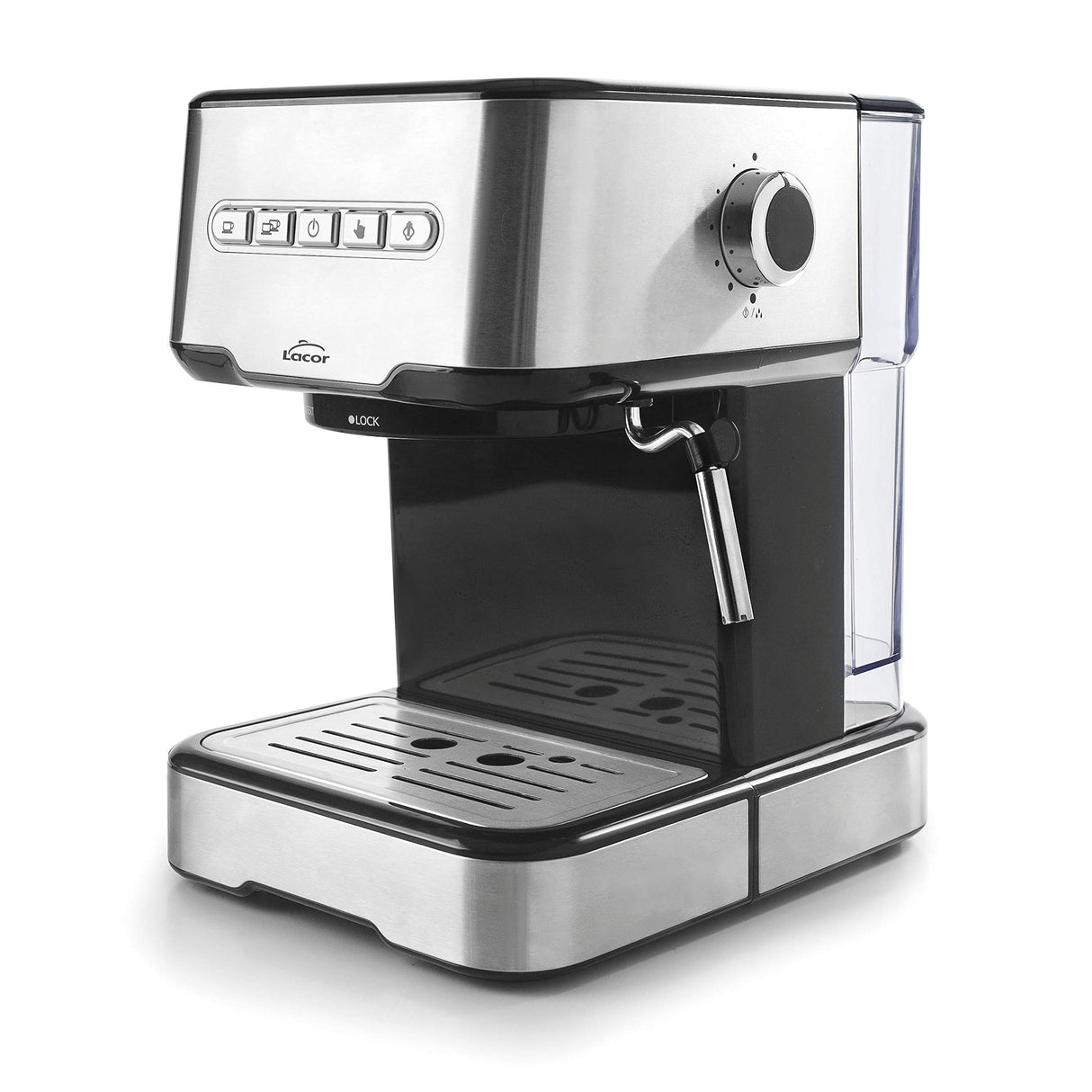Lacor 69256 - Cafetera espresso con 2 salidas de café y función de calentar/espumar la leche, apta para café molido y cápsulas ESE, 21x26'5x30 cm