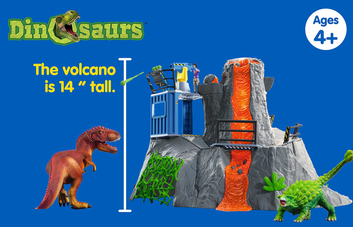 Schleich Dinosaurs 42564 — Set Campamento Base de Expedición con Dinosaurios de Juguetes — Incluye Volcán en Erupción LED, Exploradores y 2 Figuras de Dinosaurios — Juguetes para Niños 5 Años o Más