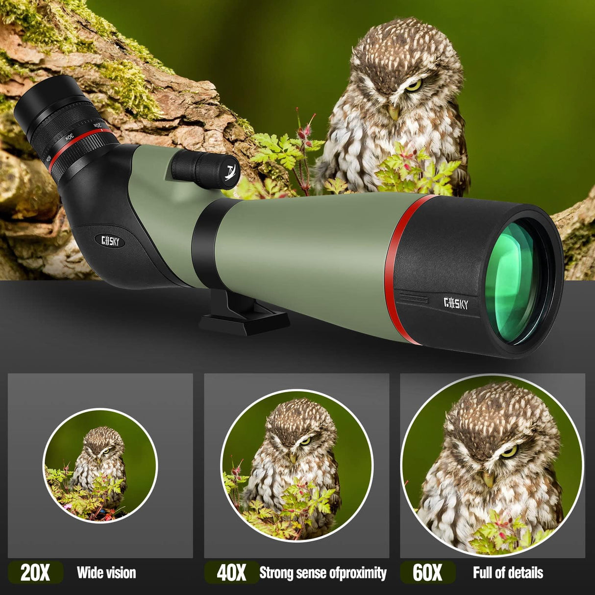 Gosky El más Nuevo 20-60X80 HD Dual Focusing Spotting Scope, BAK4 Prism 45 Degree Angular Ocular con trípode, Adaptador de Smartphone, Alcance para observación de Aves, Tiro al Objetivo, Caza,