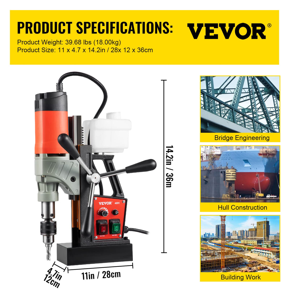 Vevor Taladro Magnético 1200W 1,57" Taladro de Base Magnética Núcleo Magnético Taladradora Magnético Profesional Taladro Magnético con Conexión al Cuello Fuerza Máxima Taladro Electromagnético