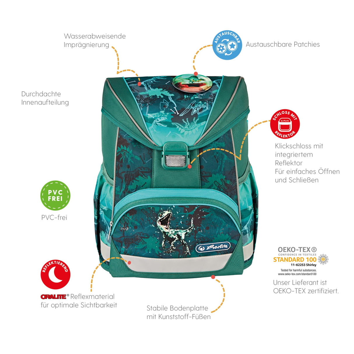 herlitz Equipaje unisex ultraligero Plus para niños (paquete de 1), Green Rex, Kindergepäck, Mochila escolar