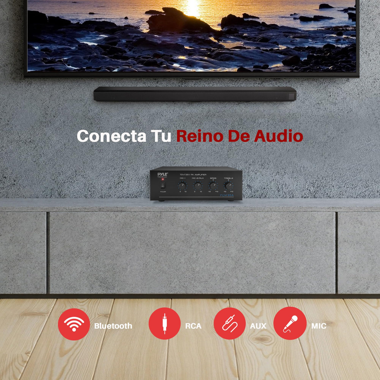 Pyle Mini Amplificador de Potencia, Compacto, Estereo, Potencia Maxima de 60V, RCA, 2 entradas de microfono, Salidas de 25/70 V, LED, Selector de Entrada para PA
