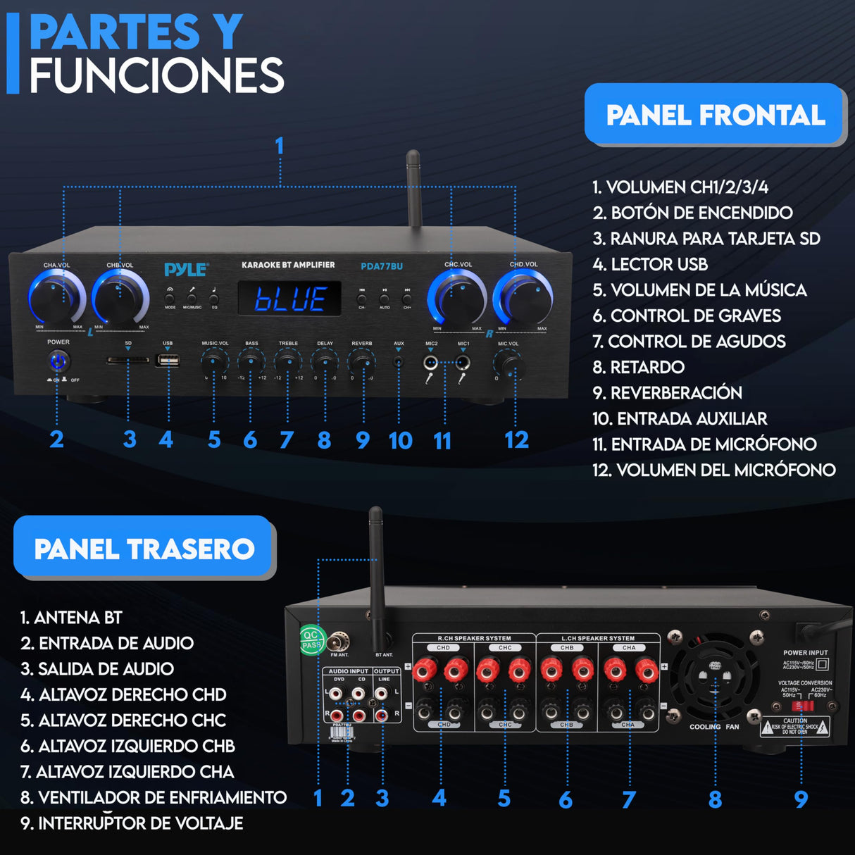 Pyle Amplificador de Sonido, Cine en casa, 800W, Bluetooth, Estereo, para el hogar, 4 Canales, con MP3/USB/SD/AUX/RCA/FM, Microfono, Auriculares, Volumen LED