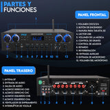 Pyle Amplificador de Sonido, Cine en casa, 800W, Bluetooth, Estereo, para el hogar, 4 Canales, con MP3/USB/SD/AUX/RCA/FM, Microfono, Auriculares, Volumen LED