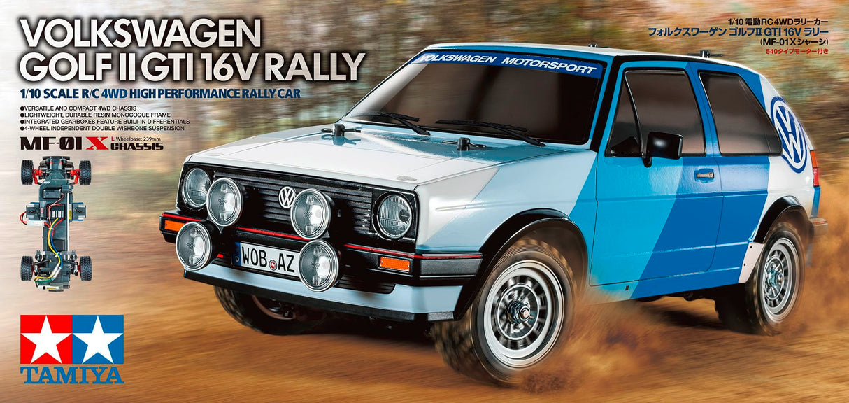 TAMIYA 58714 1:10 RC VW Golf II GTI 16V Rally MF-01X – Coche teledirigido, vehículo, modelismo, Montaje, afición, Kit de Montaje RC, sin barnizar