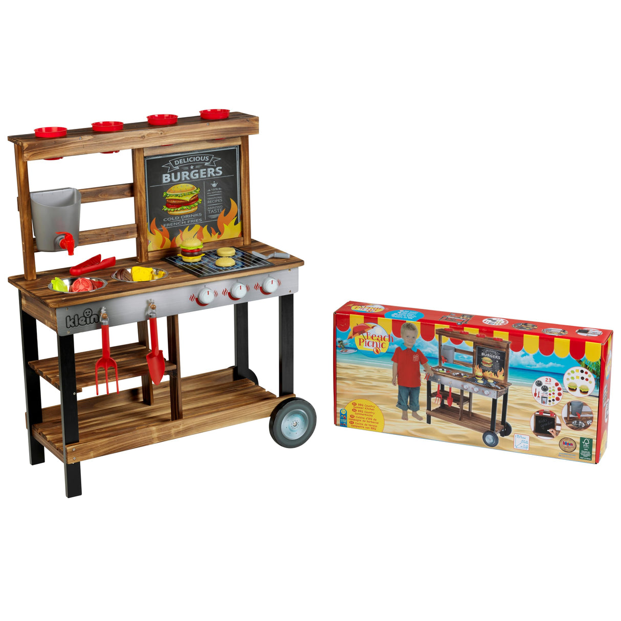 Theo Klein 2368 Beach Picnic, BBQ Country cocinita de Verano, Cocina de Madera con Parrilla y Plantas, con Accesorios, Juguete para niños Desde 3 años