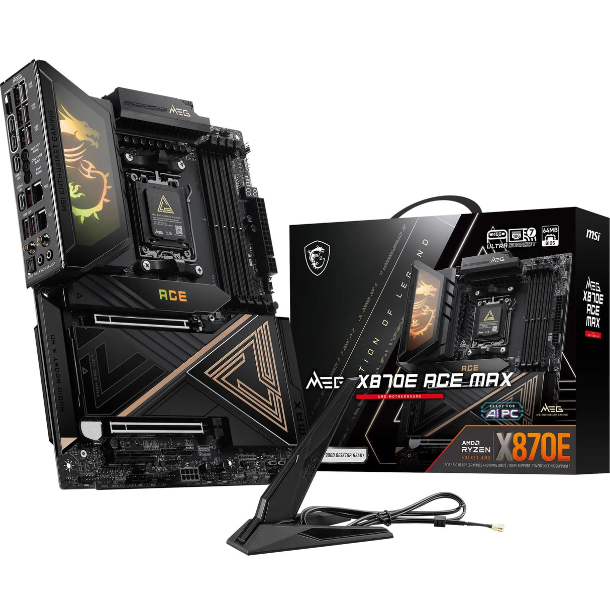 MSI Placa Base Meg X870E Ace MAX, ATX. Soporta procesadores AMD Ryzen 9000/8000/7000, AM5-64MB BIOS ROM, 110A SPS VRM, Memoria DDR5 (hasta 9000+ MT/s OC), M.2 y PCIe 5.0, USB4, Wi-Fi 7, 10G LAN