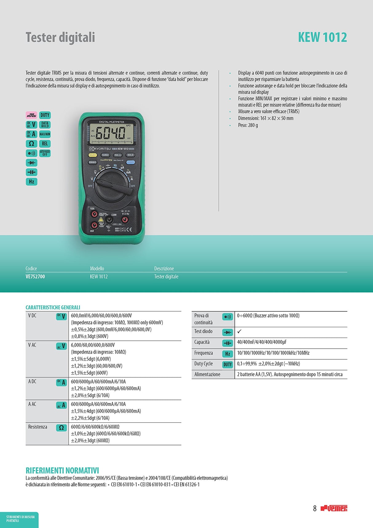 Kyoritsu Kew 1012 mutlimetro Digital para la tamaño de tensioni TRMS AC/DC, Correnti TRMS AC/DC, resistencia, continuidad, prueba diodo, Capacidad, Frecuencia, Gris