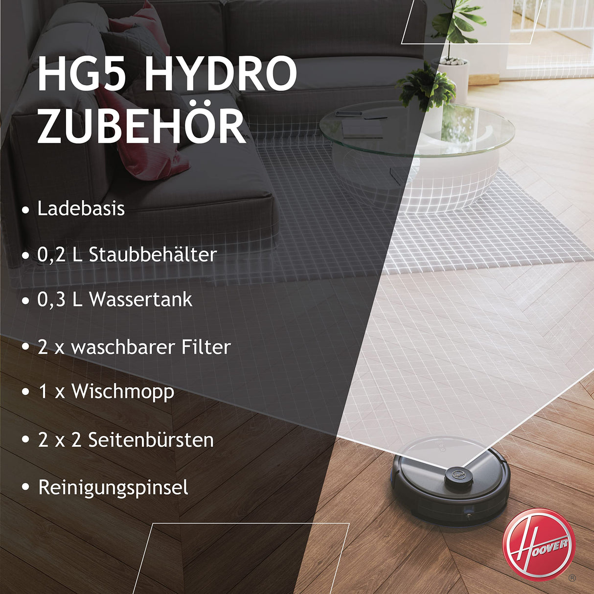 Hoover Robot Aspirador y Friegasuelos, Navegación Láser, Wi-Fi, Base de Carga con Retorno Automático, Sensor de Obstáculos, Mapa Personalizable del hogar, Programable [HG5]