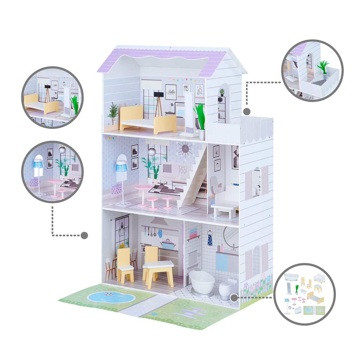 Olivia's Little World Grande Casa de Muñecas de Madera con 3 Niveles con Jardín para Niños y 16 Accesorios y Muebles para Muñecas de 30 cm