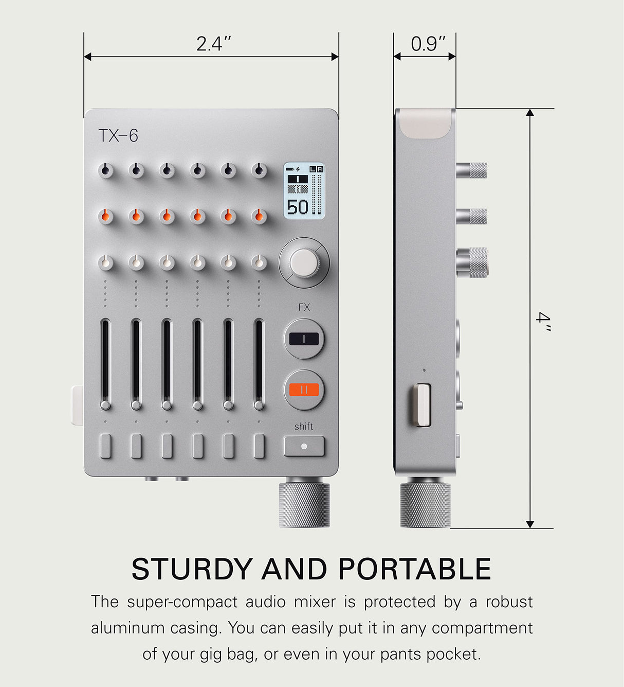 Teenage Engineering TX–6 Mezclador portátil con 6 canales estéreo e interfaz de audio USB con batería recargable de 8 horas, midi BLE y USB, compatible con iOS