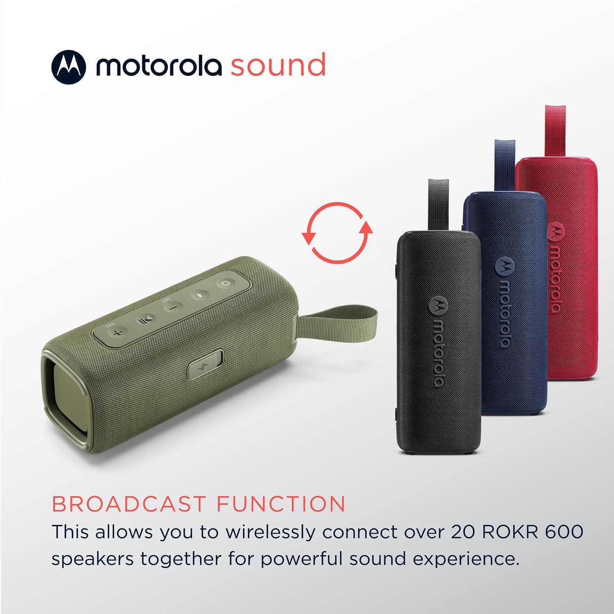 Motorola Sound - Altavoz Inalámbrico Bluetooth ROKR 600 - Potente Sonido de 30W, Resistente al Agua y Polvo, Función Broadcast para Conectar 20+ Altavoces, 6 Horas de Reproducción, Verde
