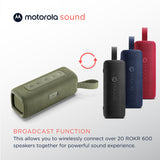 Motorola Sound - Altavoz Inalámbrico Bluetooth ROKR 600 - Potente Sonido de 30W, Resistente al Agua y Polvo, Función Broadcast para Conectar 20+ Altavoces, 6 Horas de Reproducción, Verde