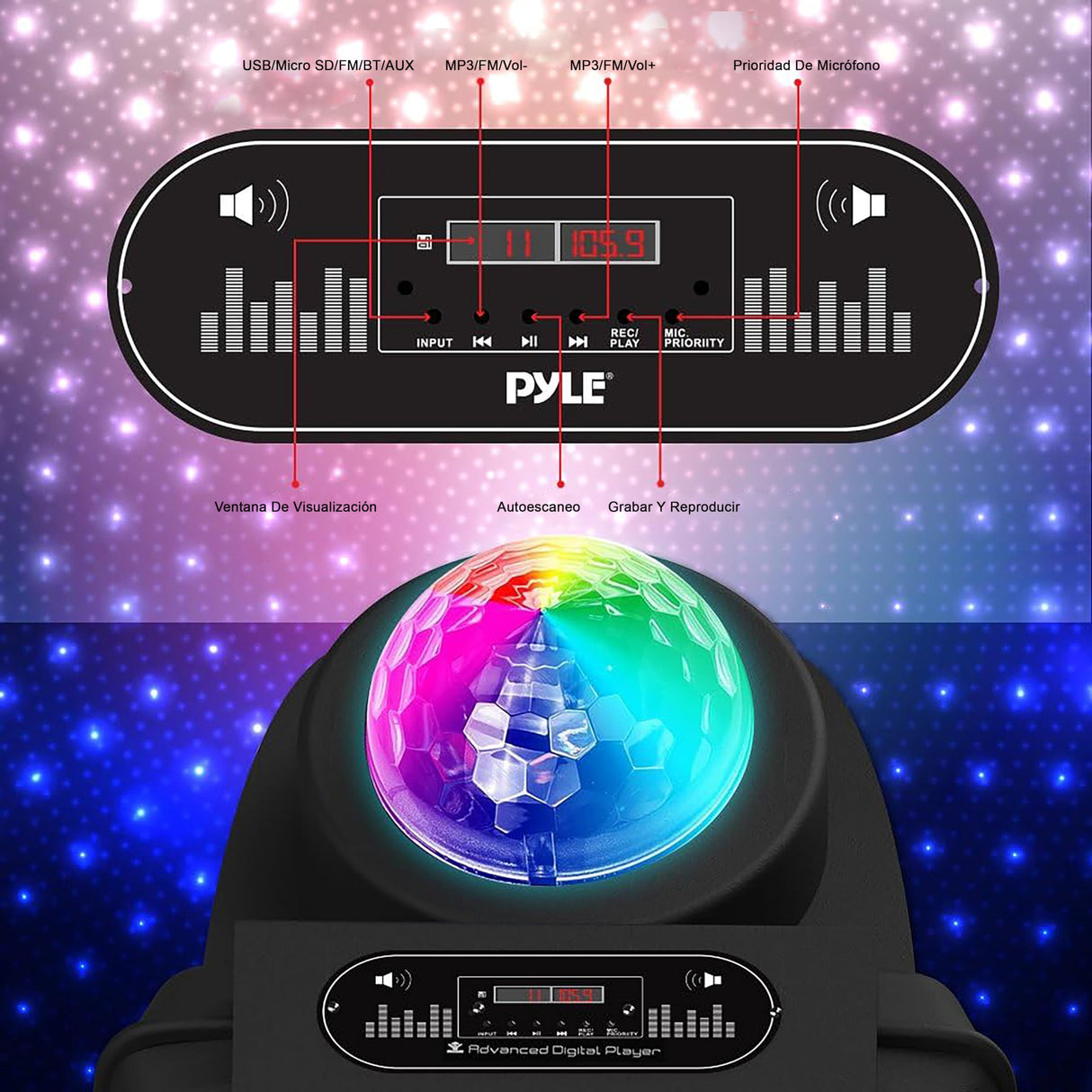 Pyle Sistema de Altavoces, PA, 700W, Bluetooth, microfono, portatil, Recargable, Interiores, Exteriores, función de grabación, micrófono, Luces de Fiesta, Radio USB/SD, Color Negro