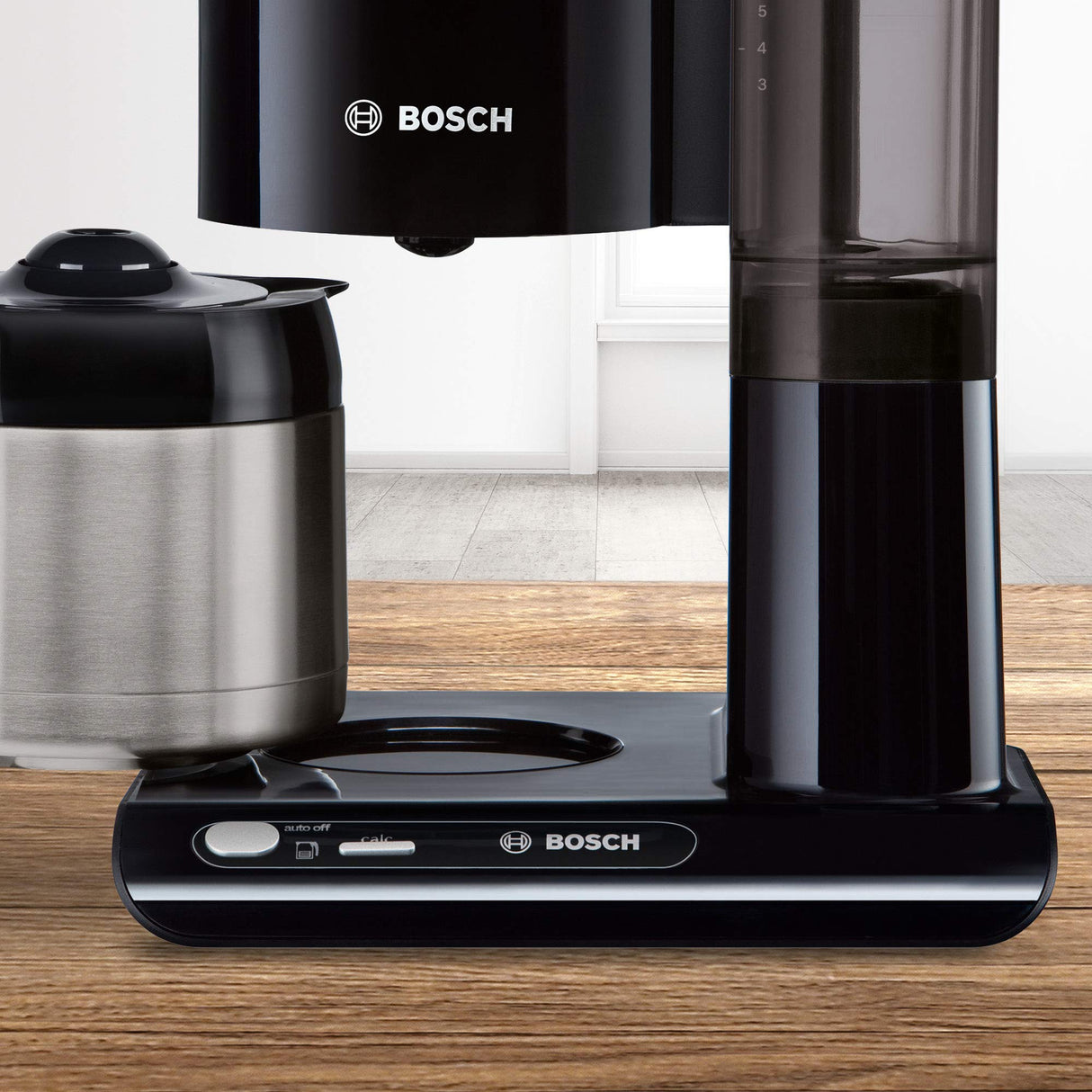 Bosch TKA8A053 Styline - Cafetera de filtro, jarra térmica, ajuste automático, tiempo de preparación, depósito de agua extraíble (1 L), 1100 W, color negro
