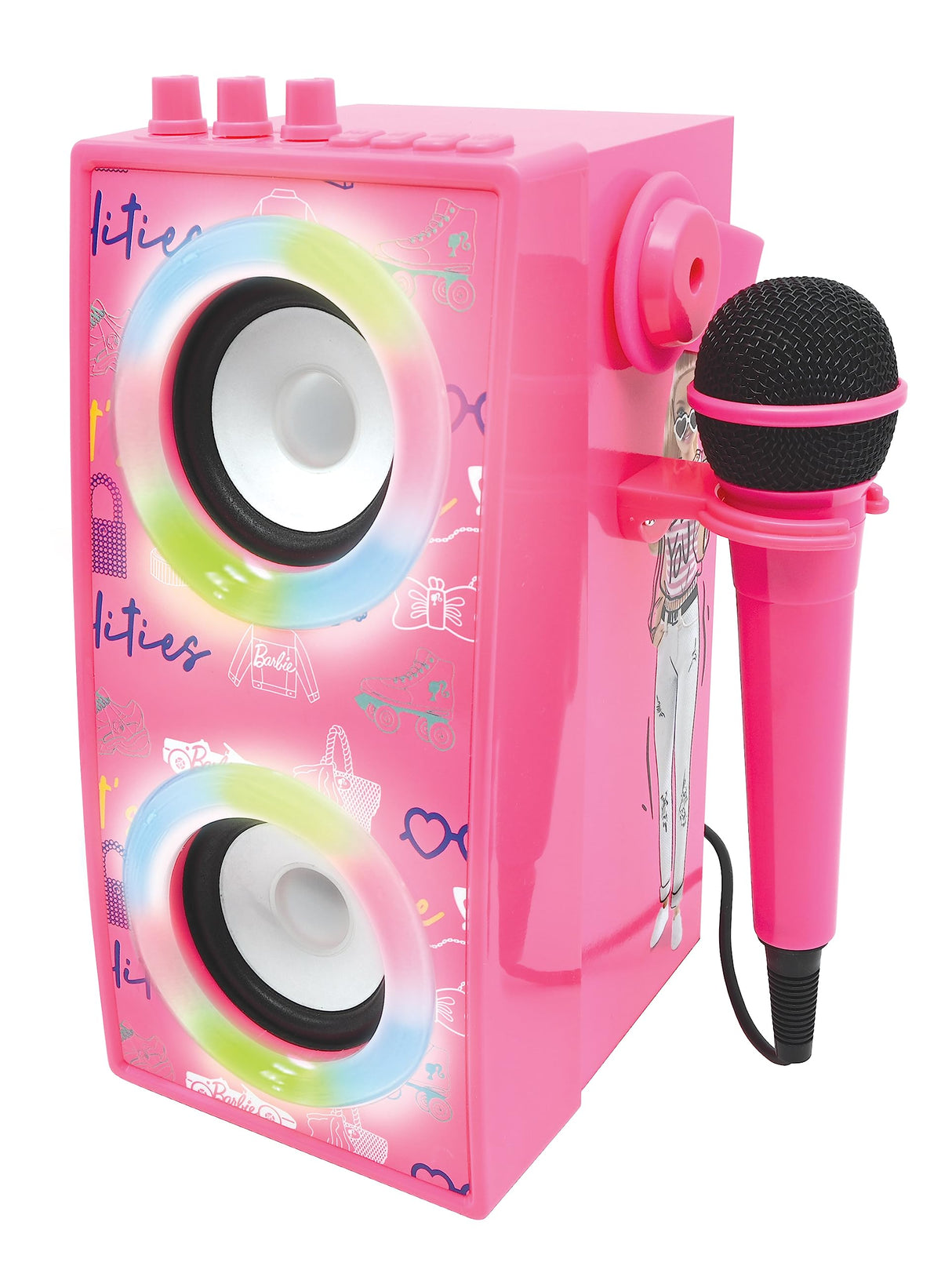 LEXIBOOK, Barbie, Altavoz Luminoso Bluetooth portátil con micrófono, Karaoke, Efectos de luz, inalámbrico, USB, Tarjeta SD, batería Recargable, Rosa, BTP180BBZ