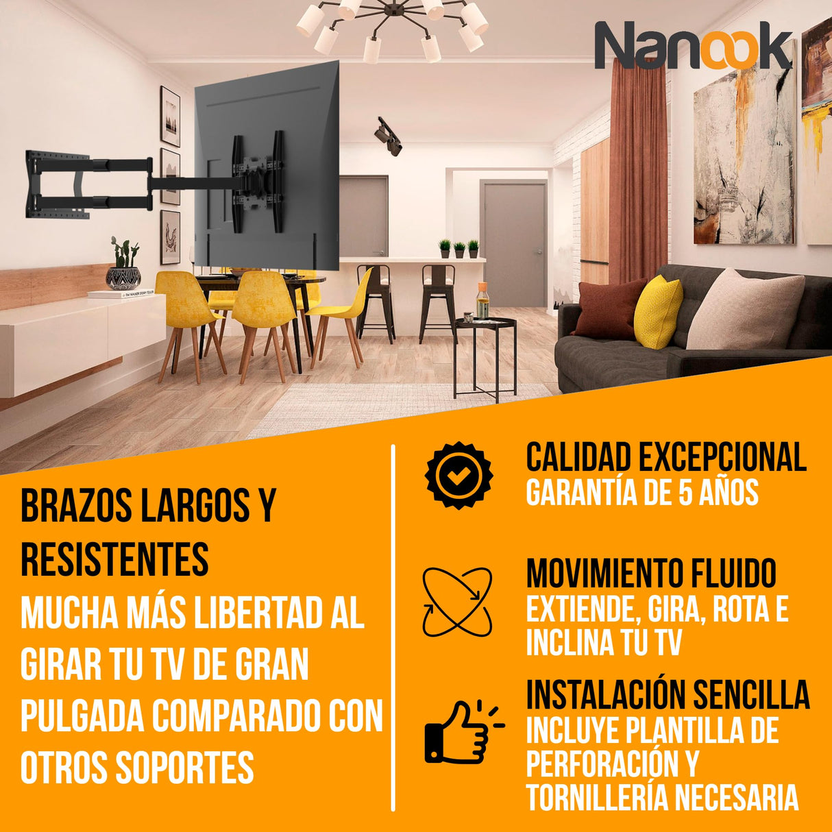 Nanook 2100 Soporte de Pared de Brazo Largo para televisores de 42 a 75 Pulgadas, Extensión Extra Larga de hasta 100 cm, Soporte de TV Que Permite Movimiento Completo, Soporta un Peso de hasta 60 kg