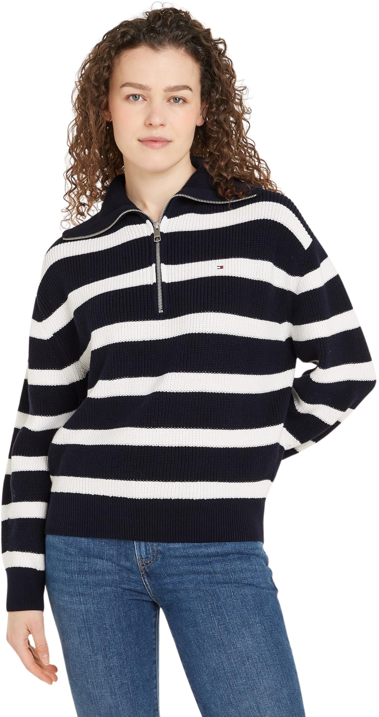 Tommy Hilfiger Sudadera con Cremallera Mujer 1/2 Zip Sweater Jersey de Punto, Multicolor (Desert Sky/Ivory Petal Stripe), XS
