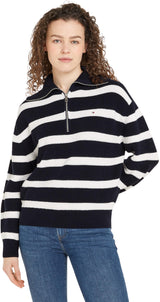 Tommy Hilfiger Sudadera con Cremallera Mujer 1/2 Zip Sweater Jersey de Punto, Multicolor (Desert Sky/Ivory Petal Stripe), XS