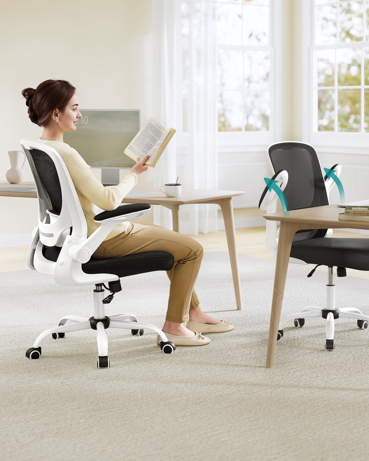 SONGMICS Silla de Oficina, Silla de Escritorio de Malla, Silla Giratoria Ergonómica, Soporte Lumbar, Oscilante, Asiento de 53 cm, Apoyabrazos Abatibles, Blanco y Negro OBN37WTV2