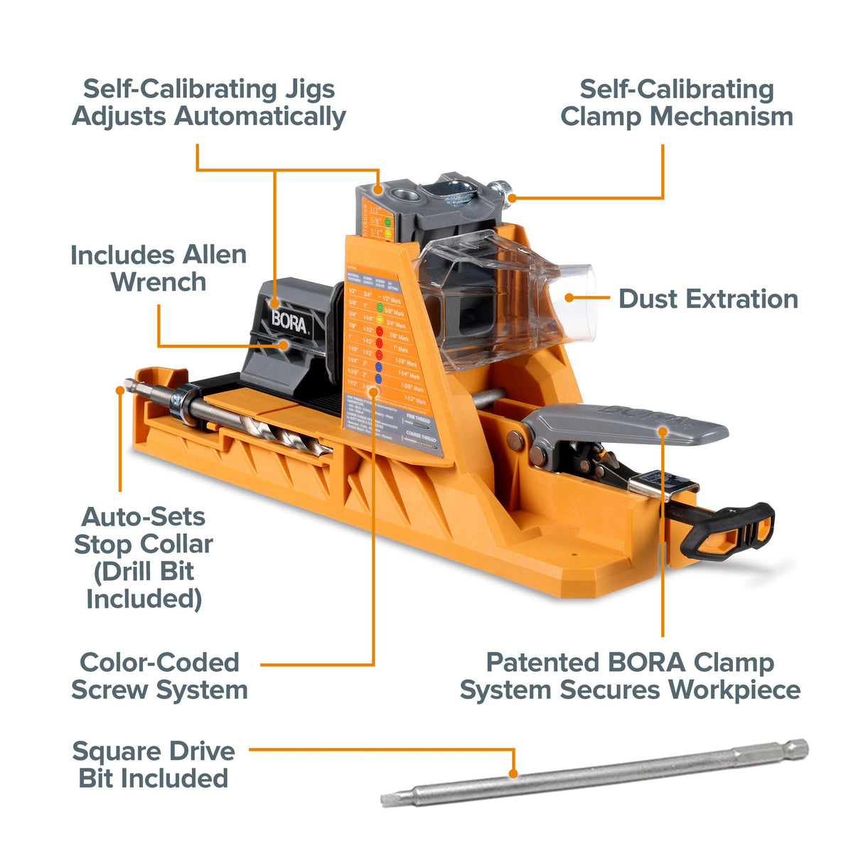 BORA Plantilla automática de agujero de bolsillo con 50 tornillos recubiertos de color, guía de taladro de ajuste automático, kit de plantilla de agujero de bolsillo para carpintería, para materiales
