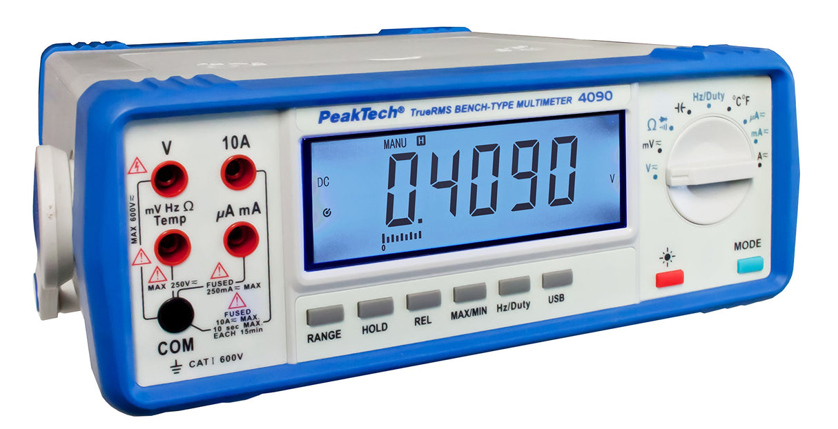 PeakTech 4090 – Multímetro de mesa digital RMS, pantalla LCD, 22000 cuentas, probador de continuidad, USB, software para PC, funcionamiento con batería, prueba de voltaje - EN 61010-1; CAT I 600 V