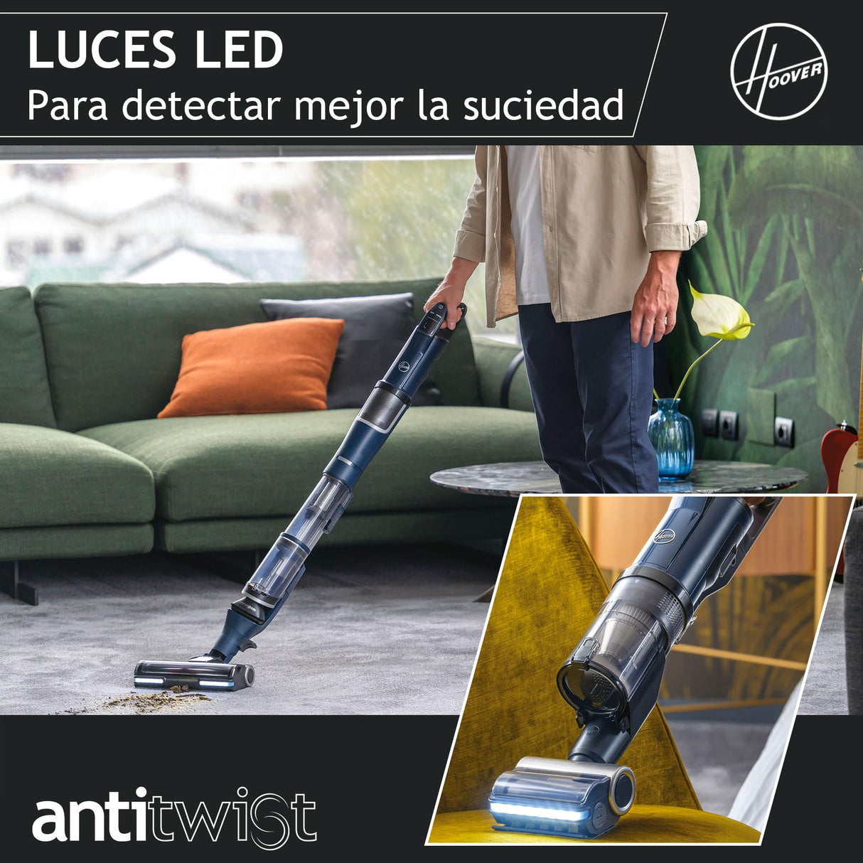 Hoover Aspiradora Escoba Sin Cable Potente con Corner Genie™ para Limpiar Todos los rincones, Accesorio para Mascotas, Cepillo Anti-Enredos, Luces LED, 2 Baterías [HFX]
