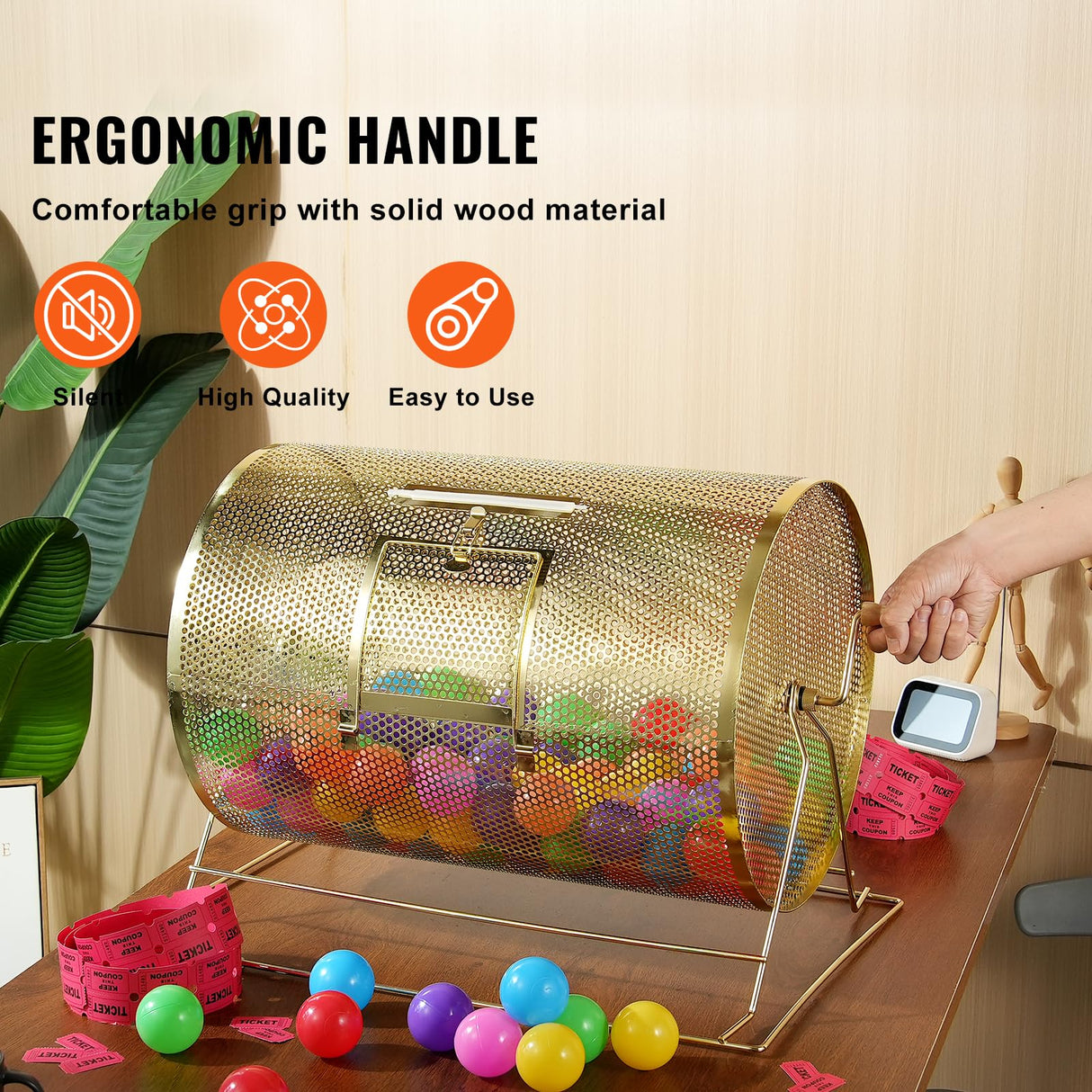 VEVOR Tambor de Tómbola de Lotería Capacidad de 10.000 Boletos o 300 Pelotas de Ping-Pong Jaula de Juego de Bingo de Metal Chapado en Latón Mango Giratorio de Madera 376x540 mm para Evento de Votación