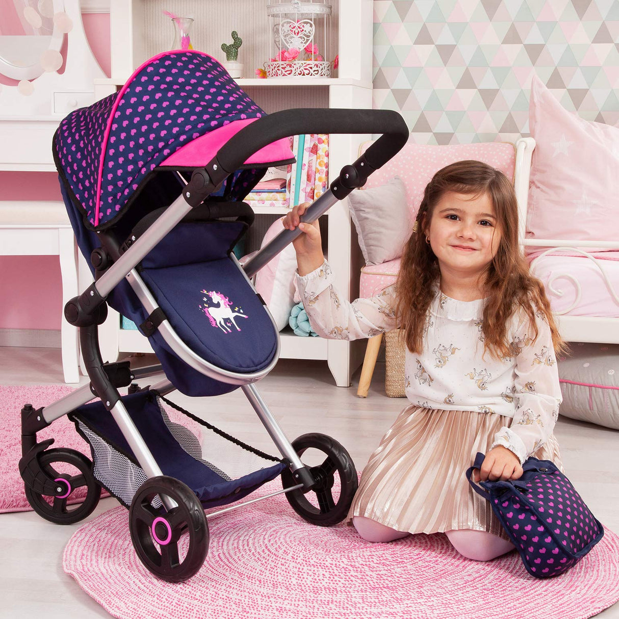 Bayer Design 18454AA Cochecito para muñecas Neo Vario con bolso cambiador y cesta de la compra, convertible en coche deportivo, altura ajustable, moderno, azul con patrón de unicornio y corazón