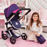Bayer Design 18454AA Cochecito para muñecas Neo Vario con bolso cambiador y cesta de la compra, convertible en coche deportivo, altura ajustable, moderno, azul con patrón de unicornio y corazón